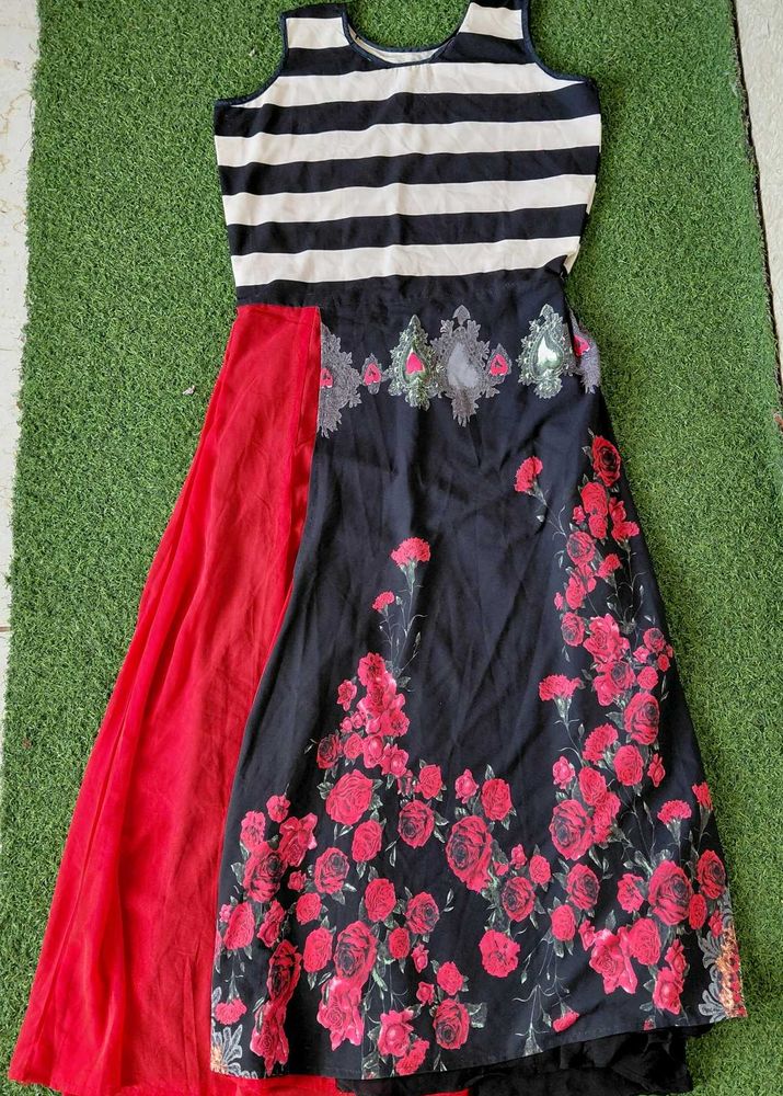 Floral &amp; Striped Black Red Ethnic Kurti Dress