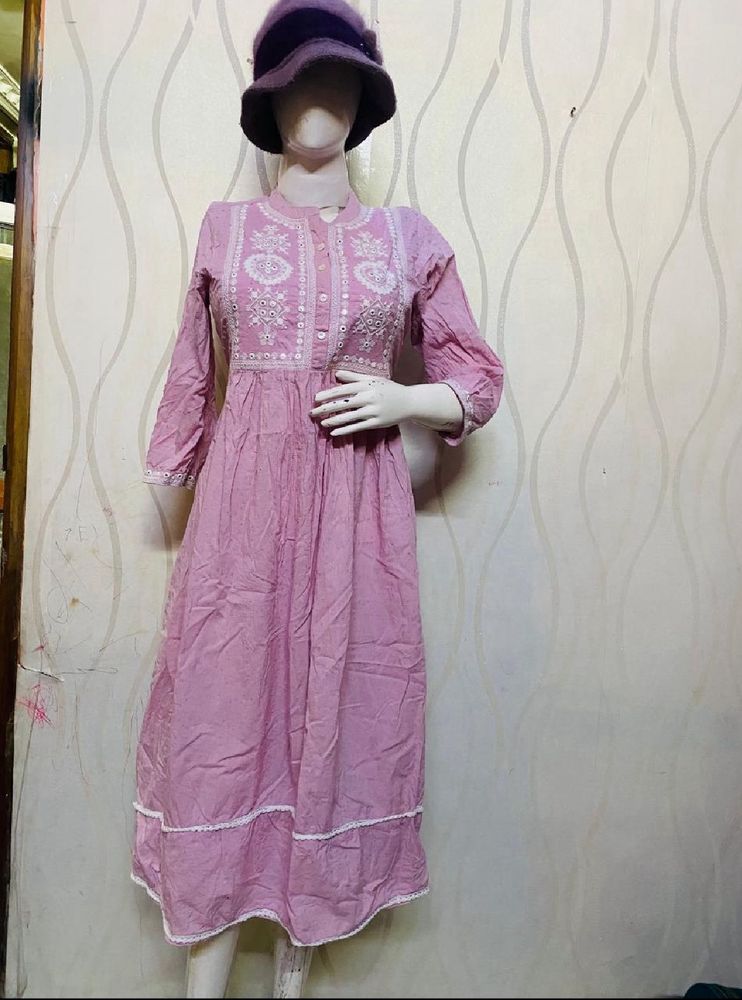 Pink colour self embroidery, Kurta frock