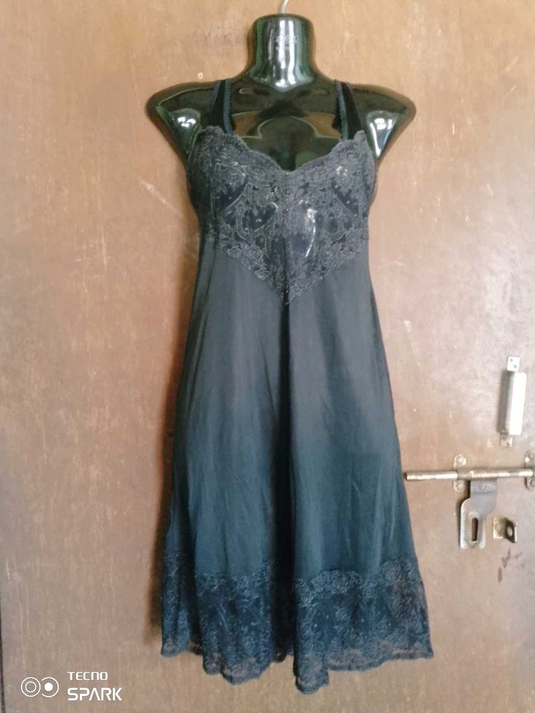 Black Lace Detail Slip Dress