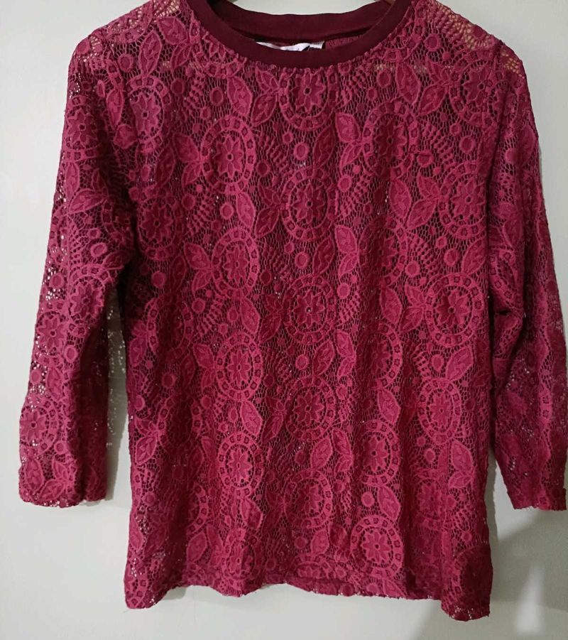 Maroon Semi-Sheer Lace Top