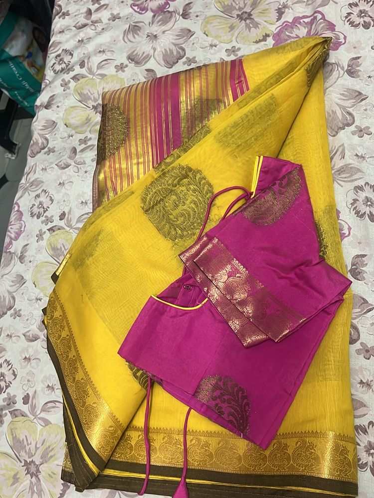 New Mustard Saree Cotton Silk With Blouse
