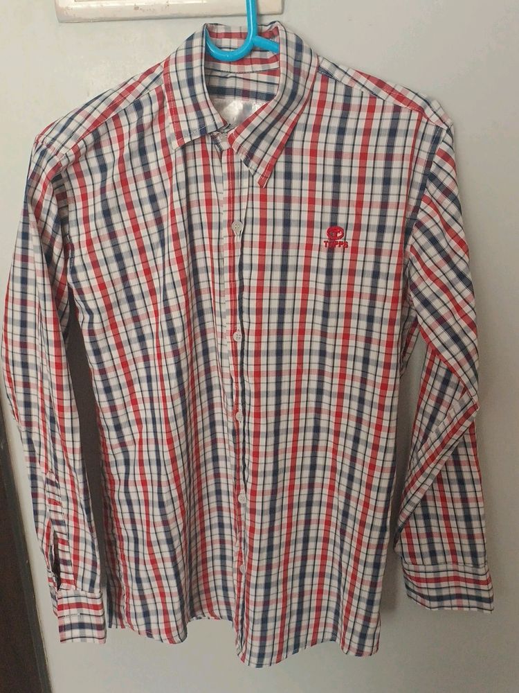 Formal check shirt red blue and white