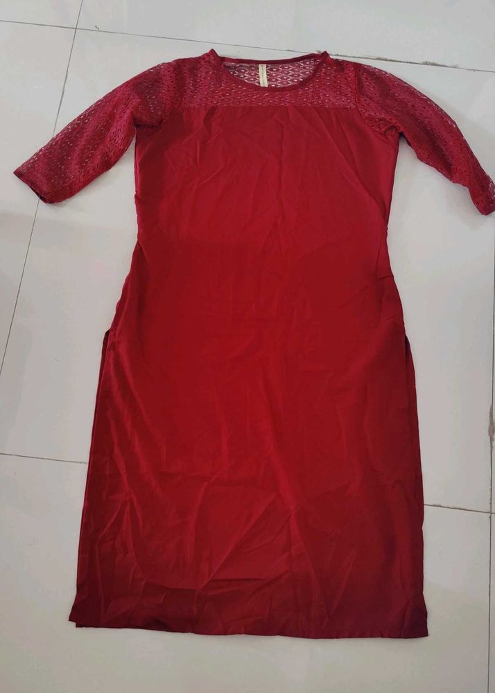 Red Plain Kurta with Net Neck line