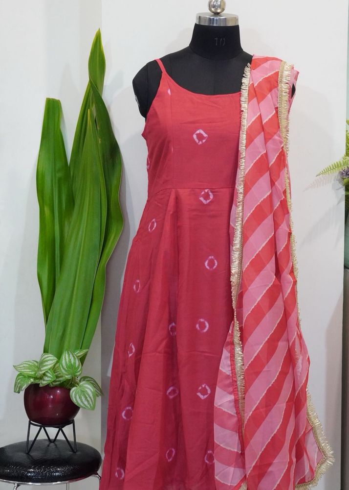 Red Bandhani Print Dress with Dupatta