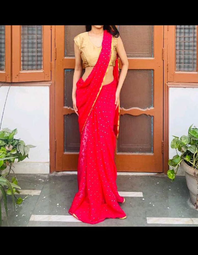 Pink Saree with Gold Blouse