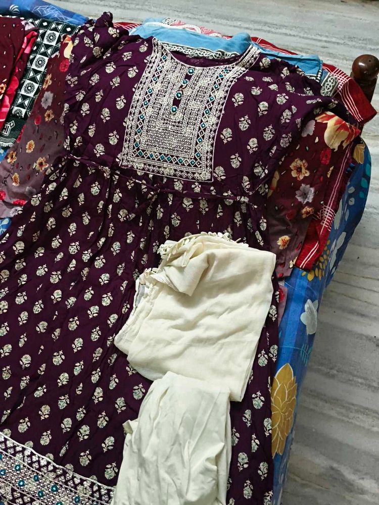 Burgundy Printed Kurti Set