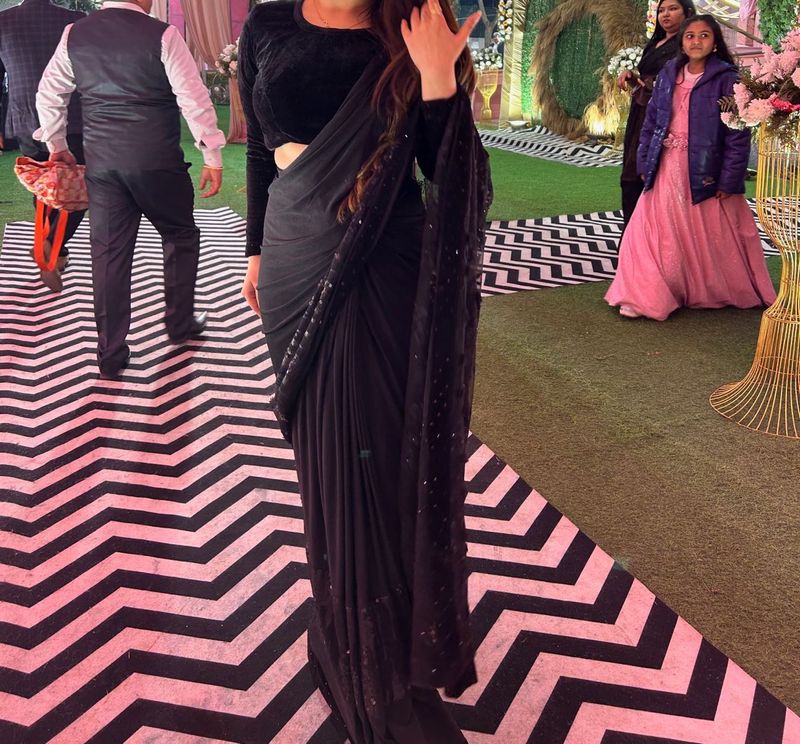 Elegant Designer Black Saree with Stiched velvet b