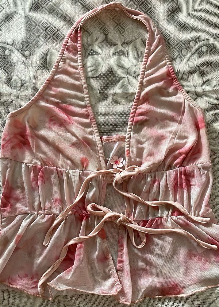 Pink Floral Halter Neck Top