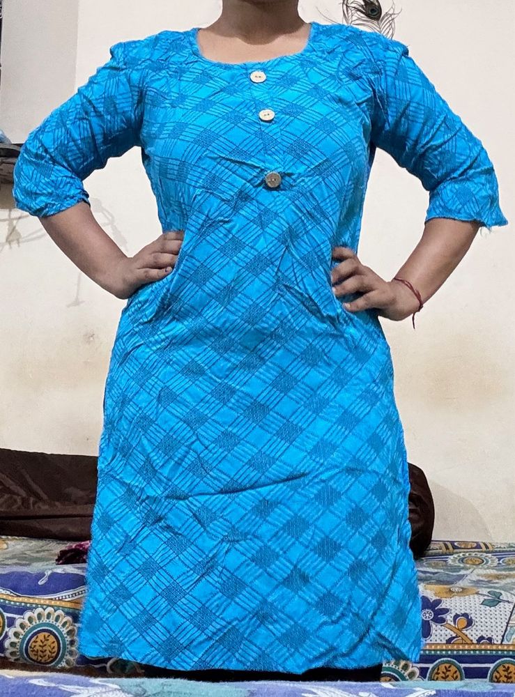 Blue Checkered Kurti with Buttons