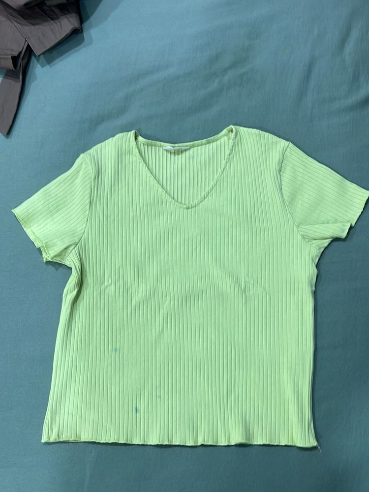Green Ribbed V-Neck Top