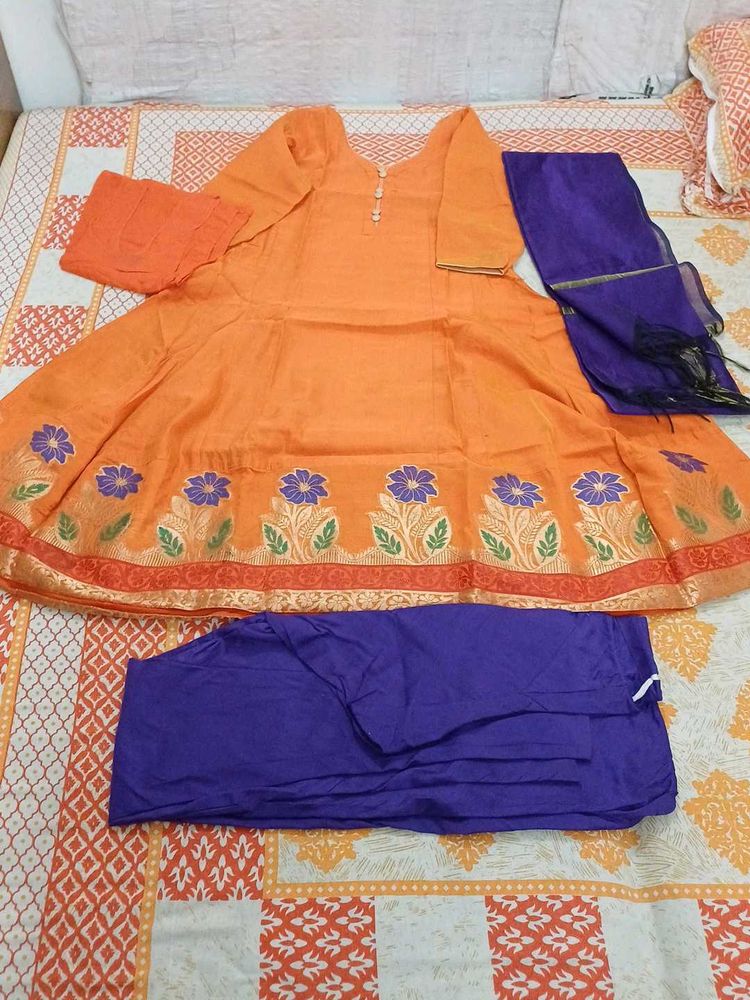 Orange Floral Anarkali Suit
