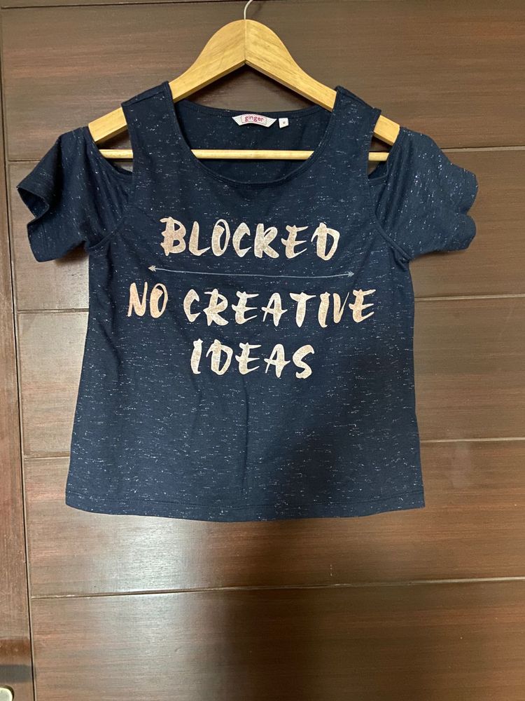 Ginger Navy Blue Shimmer Cold Shoulder Top(S)
