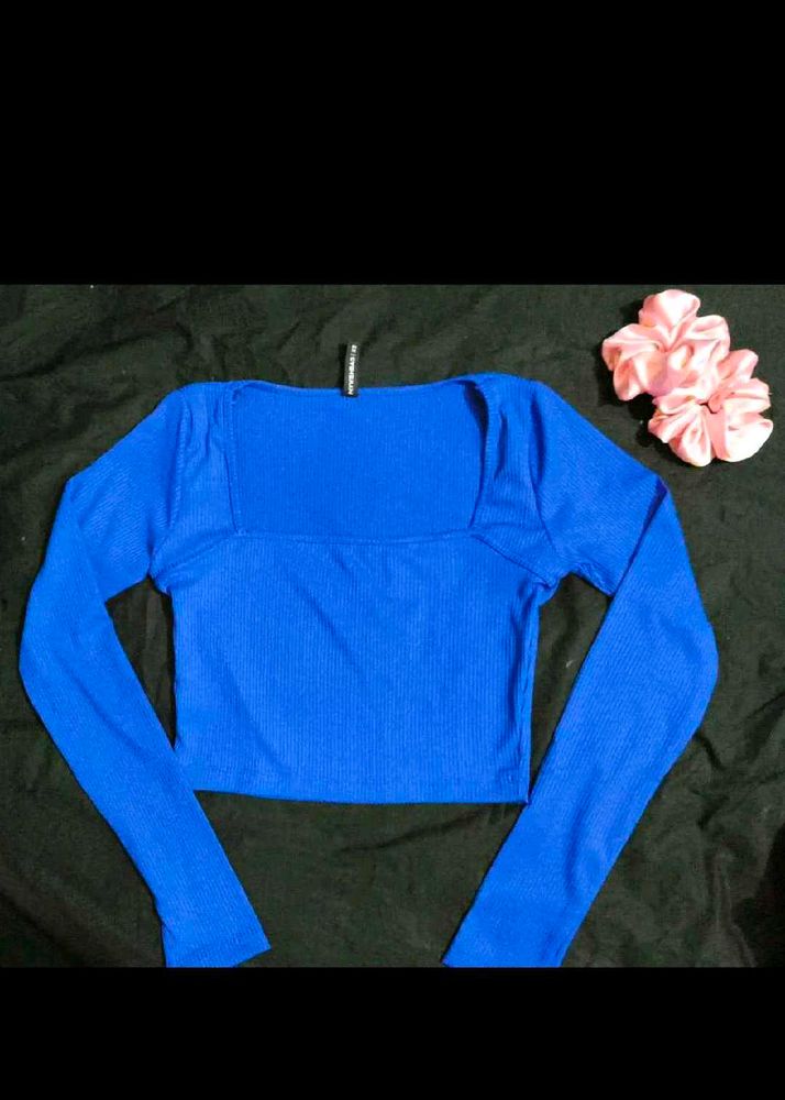 Blue Square Neck Long Sleeve Crop Top