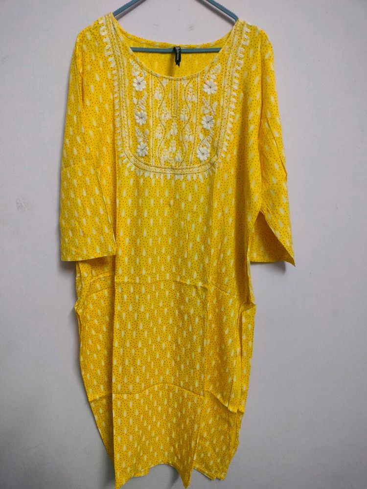 Yellow Embroidered Cotton Kurta