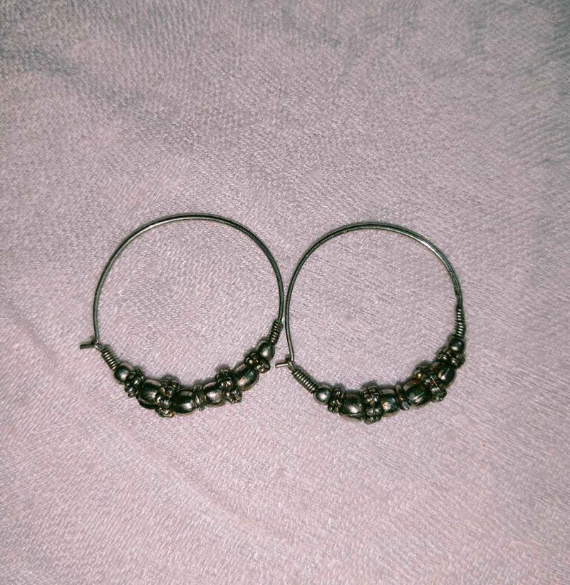 Silver Tone Beaded Hoop Earrings