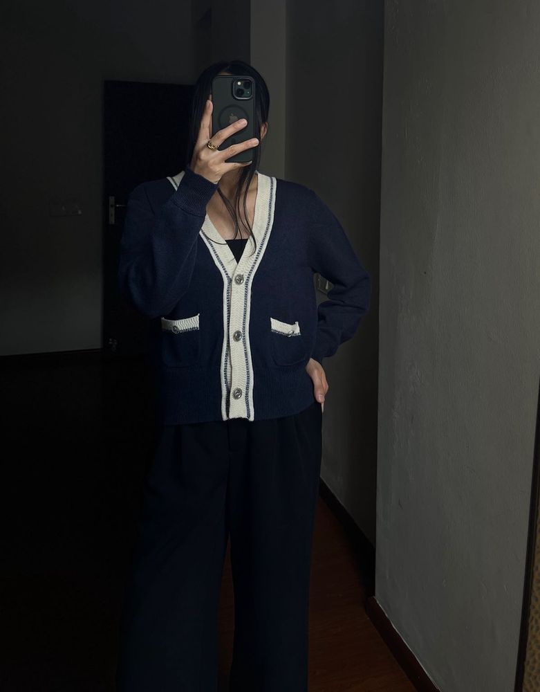 Navy Blue V neck Buttoned Cardigan
