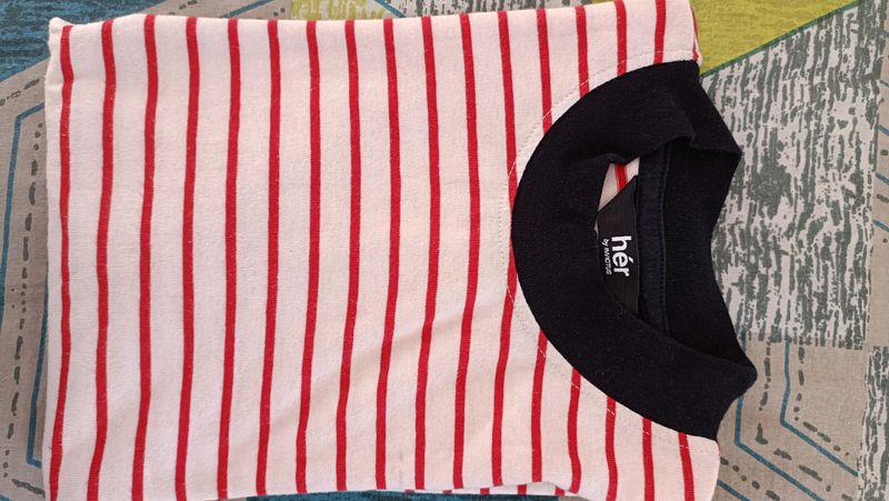 Off White &amp; Red Striped High Neck Tshirt