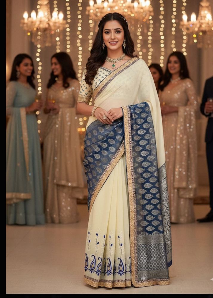 Elegant New Cream &amp; Navy Saree