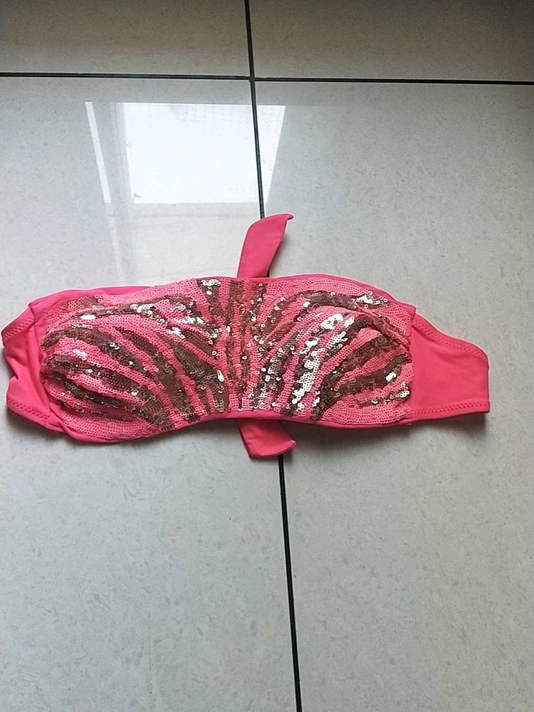 Pink Sequin Zebra Print Bandeau Bikini Top