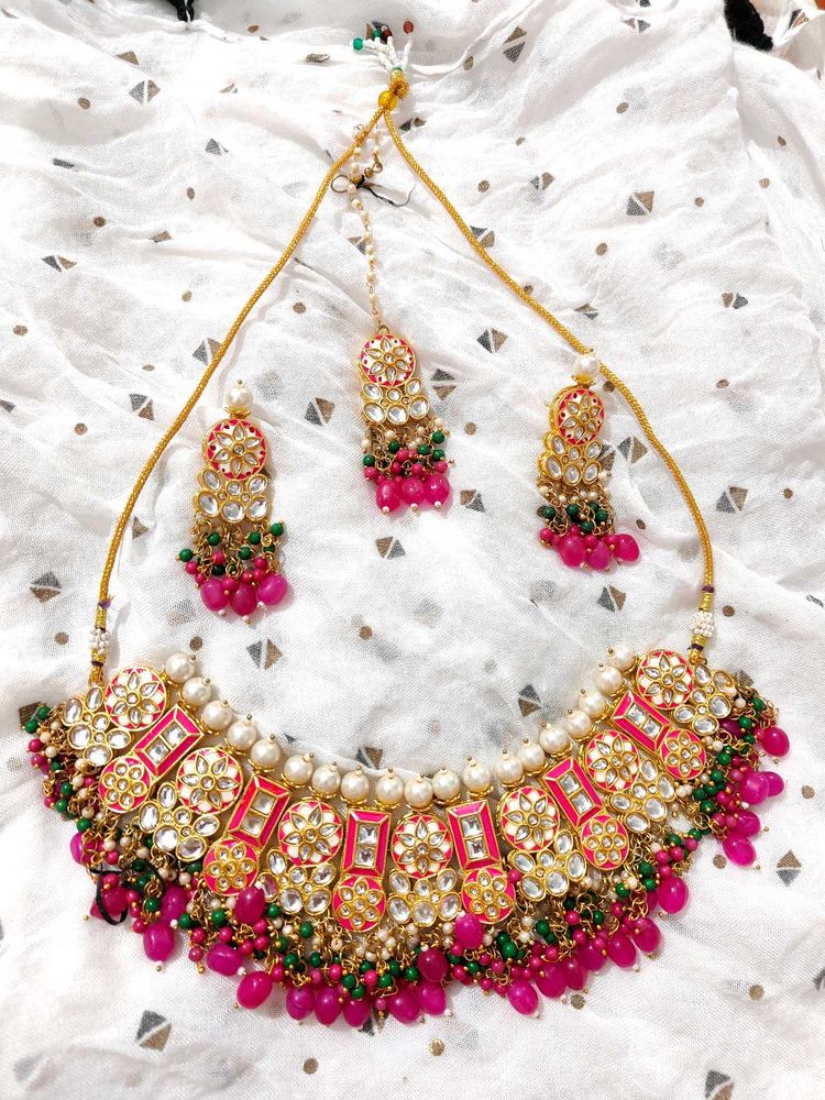 Pink Kundan Pearl Set