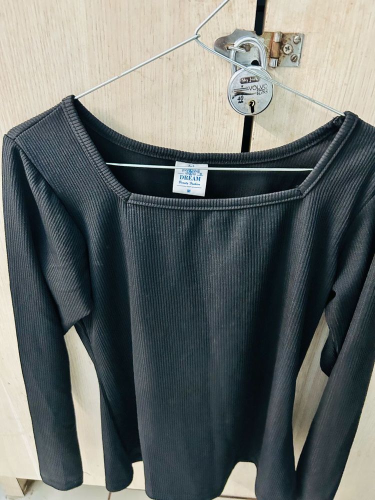 Black Ribbed Long Sleeve Top