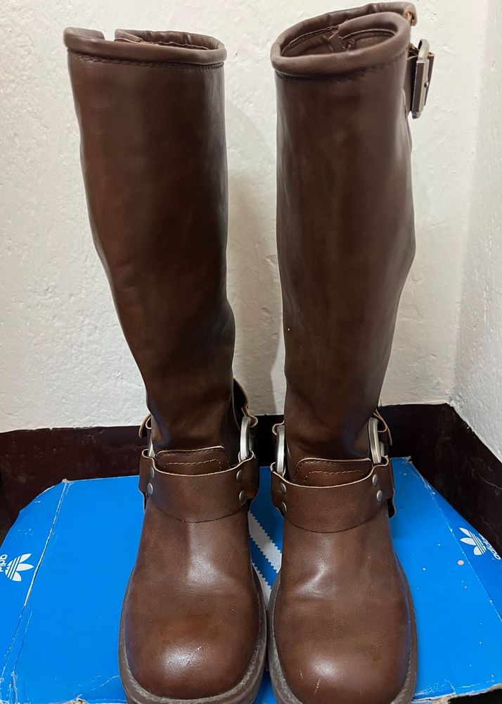 Brown Knee High Biker Boots