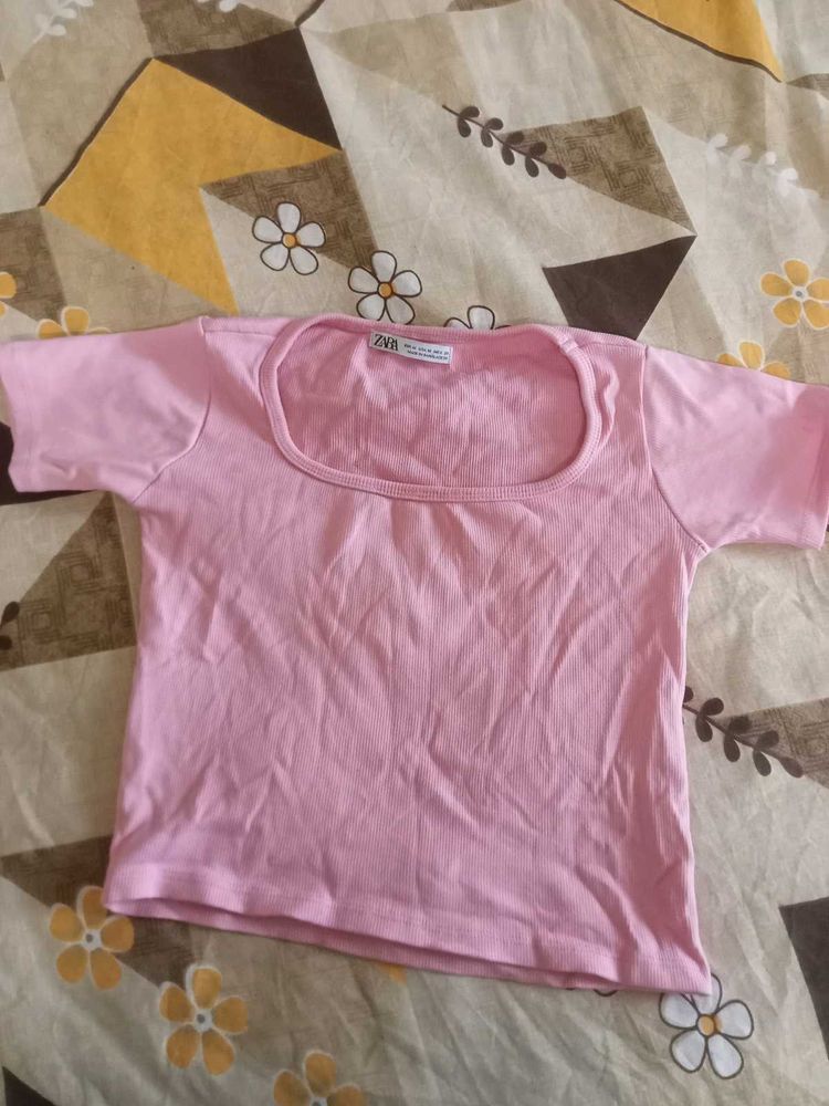 Zara Basic Pink Square Neck Crop Top - Size S