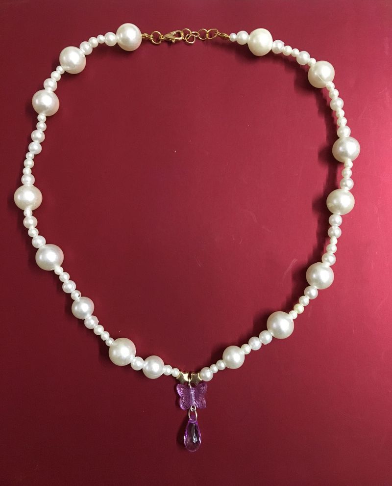 Pearl Bead W Butterfly&amp;Teardrop Pendant Necklace