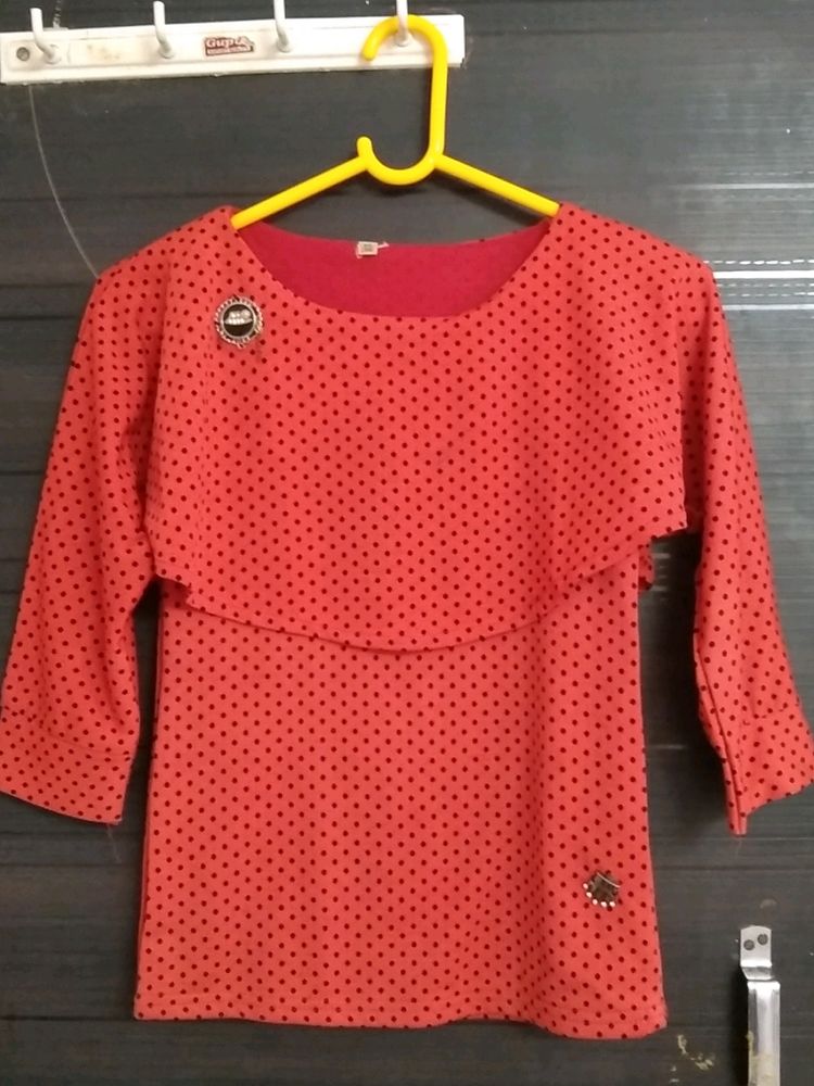 Red Coloured With Black Polka Dots Top