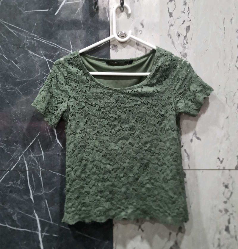 Olive Green Lace Top - Short Sleeve