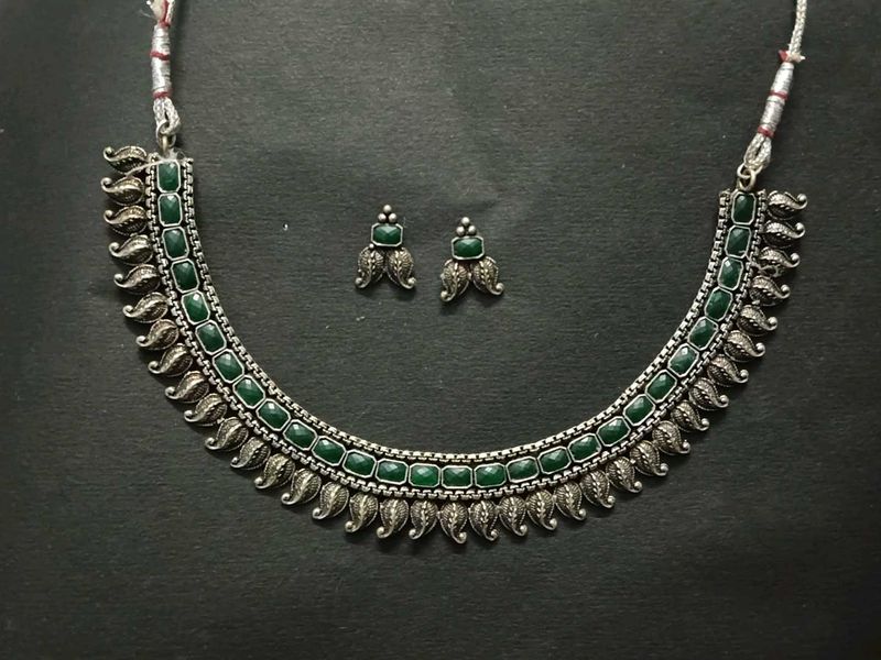 Green Silver Oxidised Necklace Set