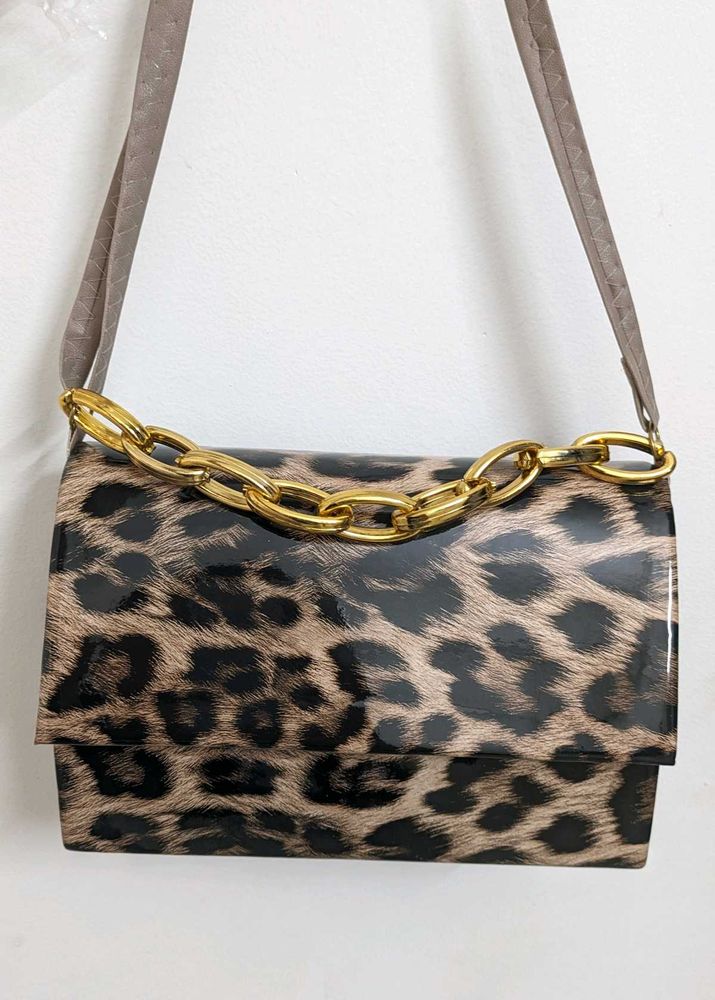 Leopard Print Handbag with Gold Chain
