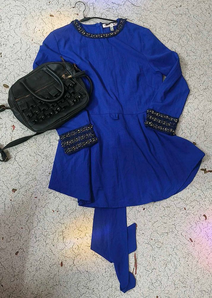 Blue Embellished Peplum Top dress with purse