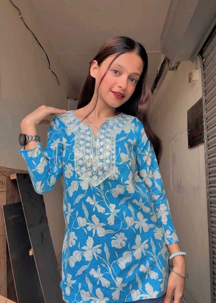 Floral Print Blue Short Kurti