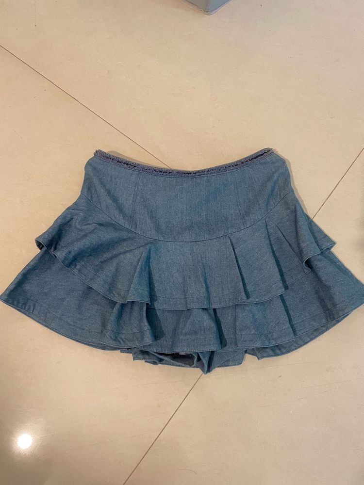 Cute Denim Ruffle Skirt with shorts attached