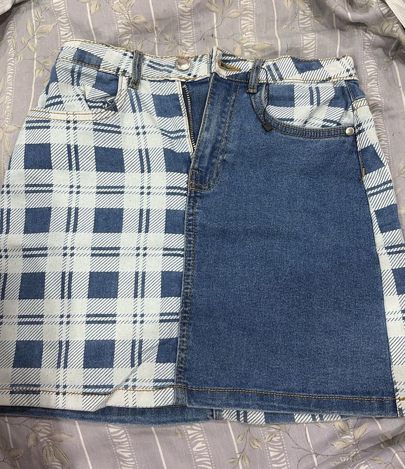 Unique Denim &amp; Plaid Mini Skirt