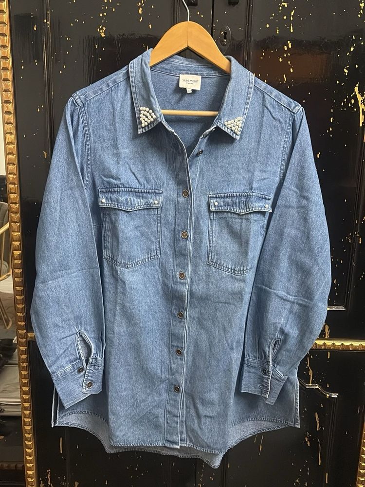 Xxl Denim Pearl Embellished Shirt