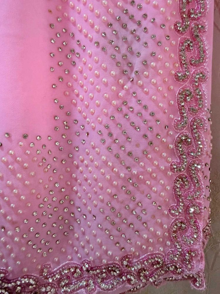 Baby Pink pearls &amp; diamond work Saree