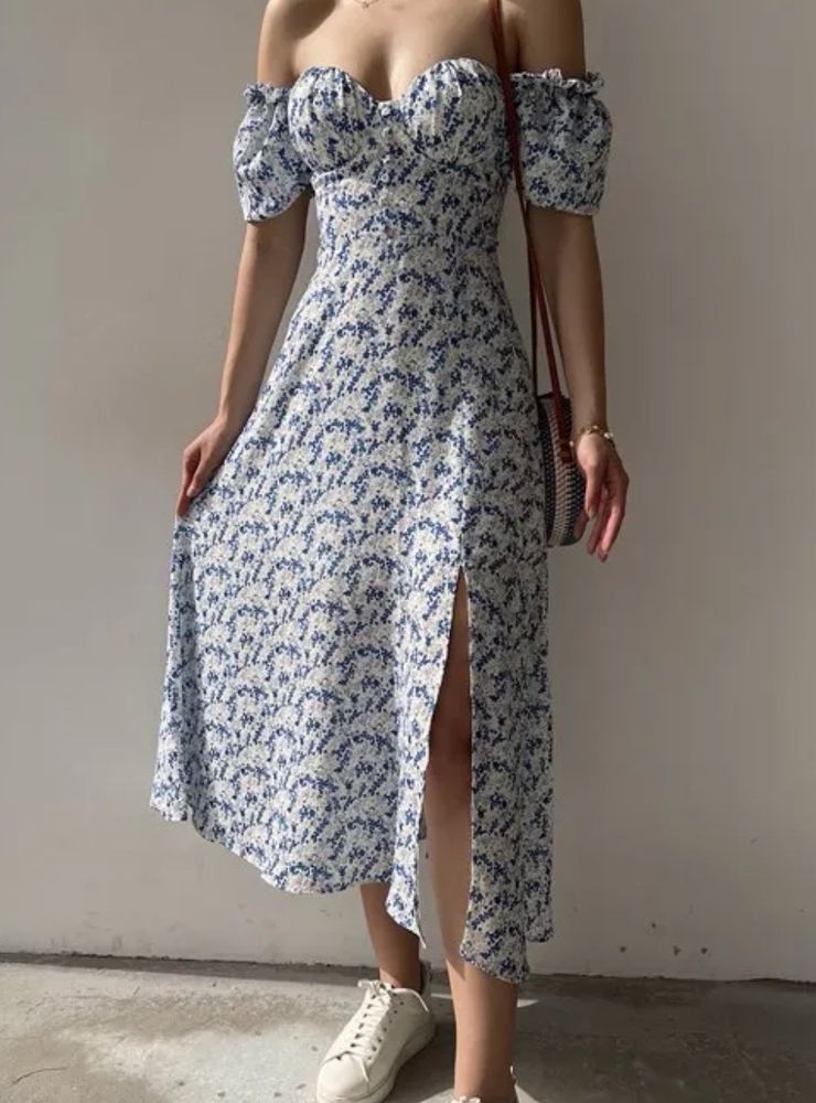 Blue Flower Printed Midi Dress