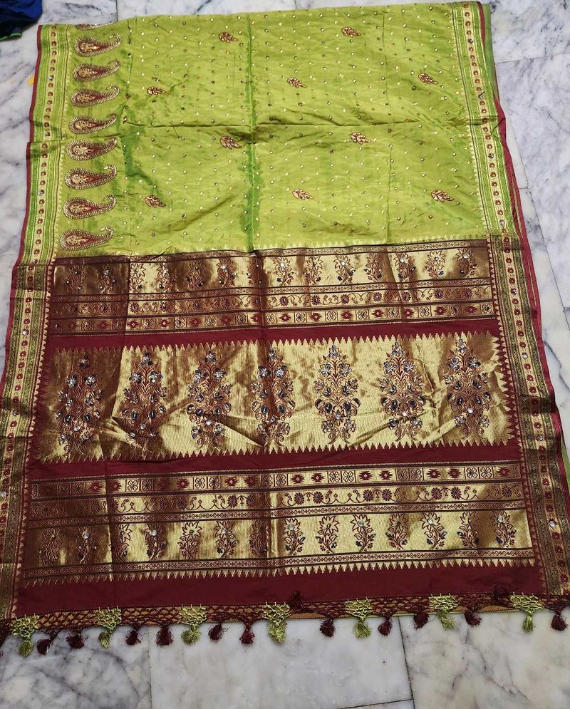 Green &amp; Gold Embellished Saree