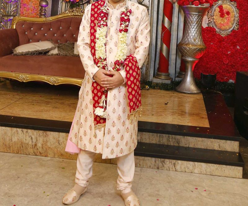 Groom Cream Embroidered Silk Sherwani Set, Jutti