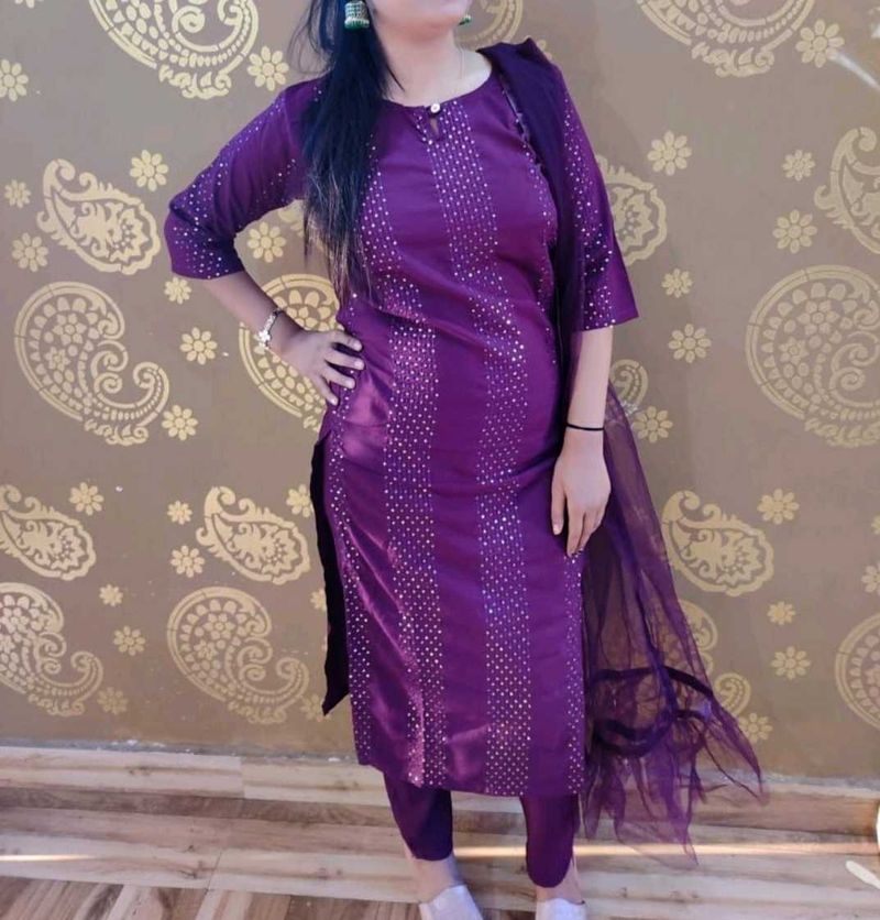 Purple Kurta Set Pant With Dupatta