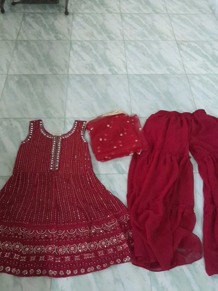 Red Embellished Gharara Suit