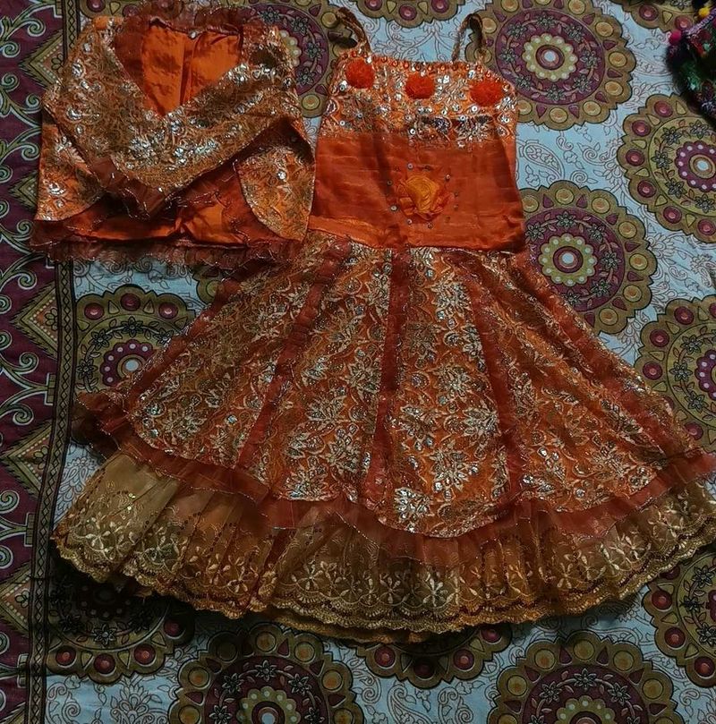 Orange Floral Dress With Jacket For Girls