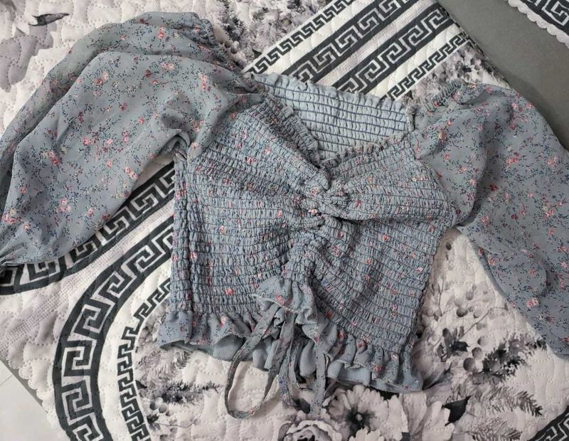 Floral Print Long Sleeve Crop Top