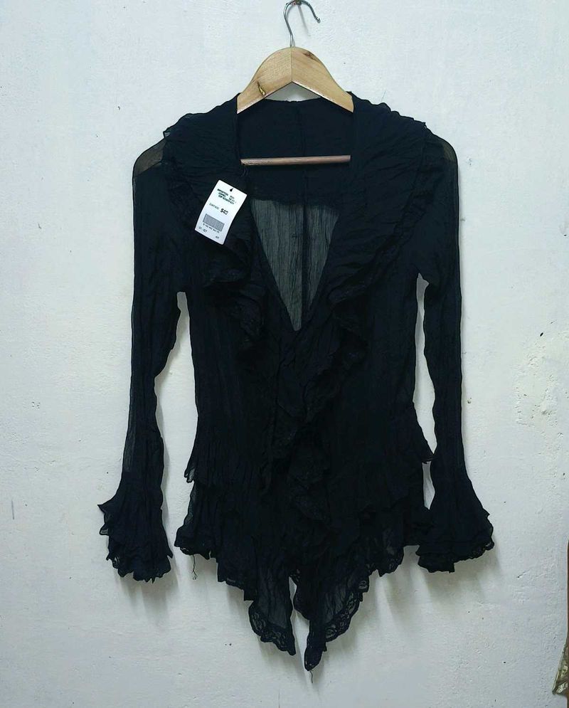 Trendy New Ruffled Black Sheer Blouse