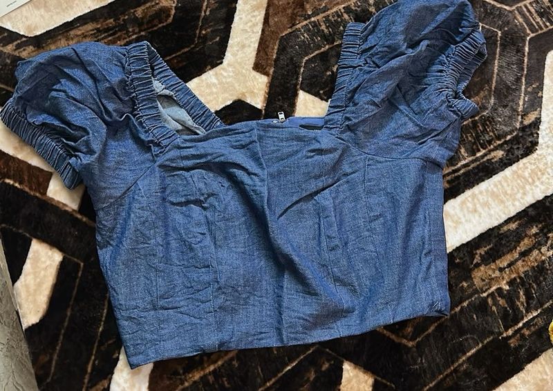 Denim Puff Sleeve Crop Top