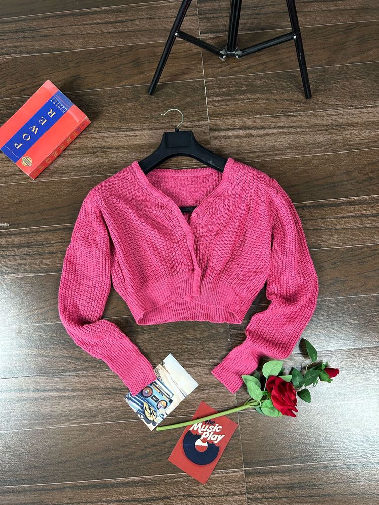 Korean Cute Pink Cropped Cardigan