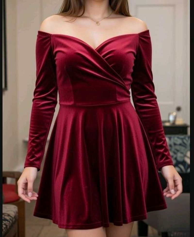 Burgundy Velvet Off-Shoulder Dress