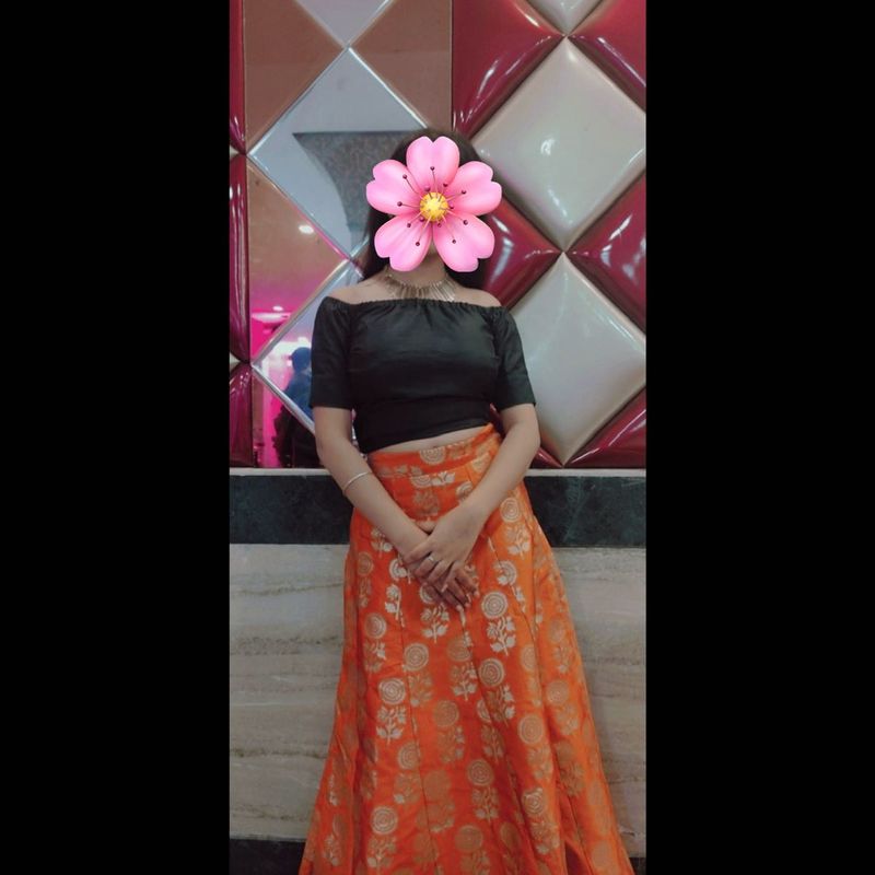 Orange Floral Lehenga &amp; Black Top